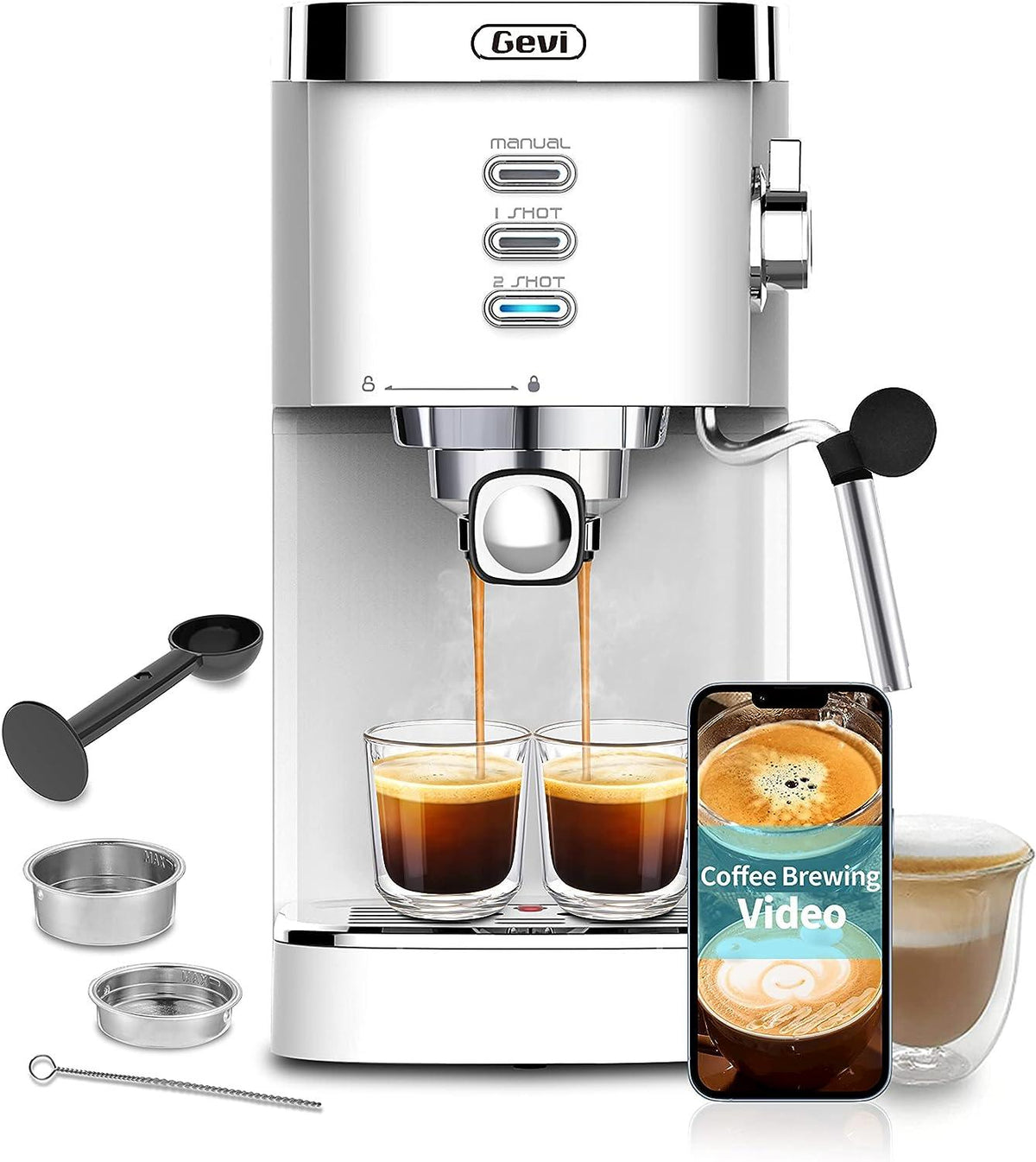 Gevi Espresso Machines 20 Bar Fast Heating Automatic Cappuccino Coffee Maker with Foaming Milk Frother Wand for Espresso, Latte Macchiato, 1.2L Removable Water Tank, 1350W, White Coffee & Tea Makers| Alhome