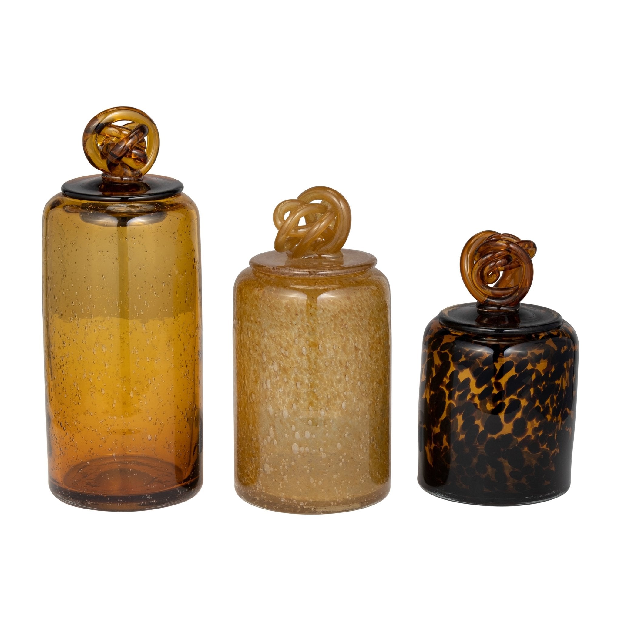 GLASS, 10" JAR W/ KNOT LID AMBER BUBBLE Vases and Jars| Sagebrook Home
