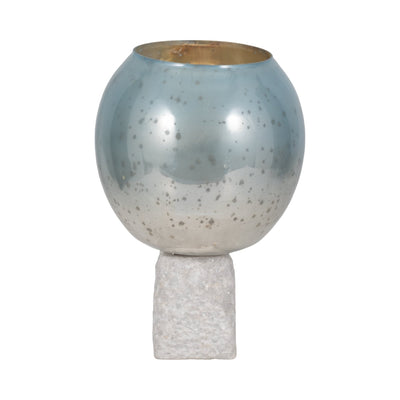 Glass, 15" Bowl Pillar Holder Marble Base, Aqua/wh - Al Rugaib Furniture