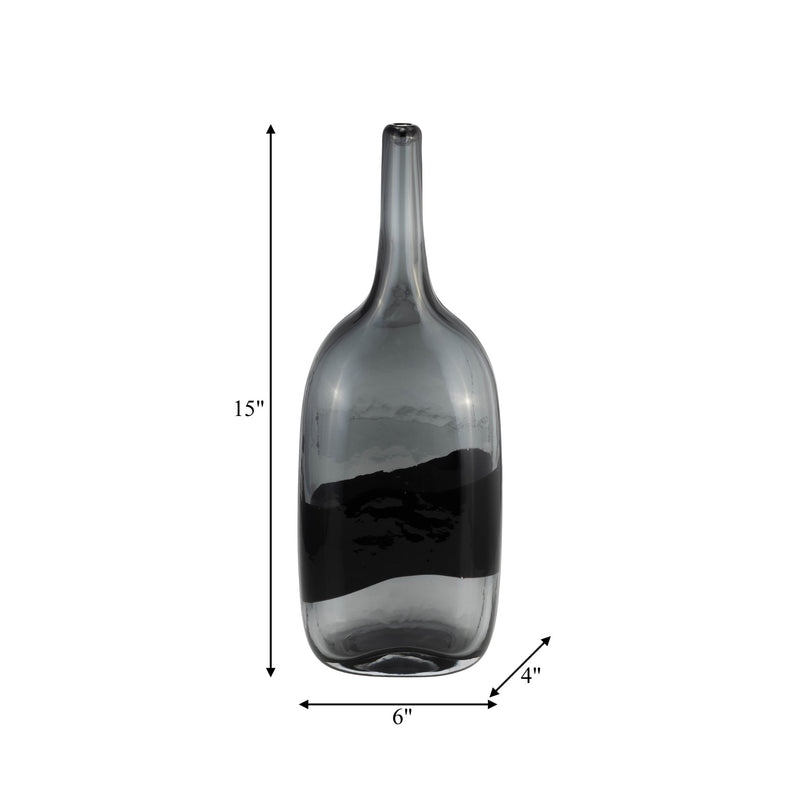 GLASS, 15"H LONG NECK 2 - TONE VASE, SMOKE/BLACK - Al Rugaib Furniture