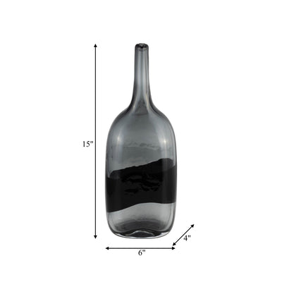 GLASS, 15"H LONG NECK 2 - TONE VASE, SMOKE/BLACK - Al Rugaib Furniture