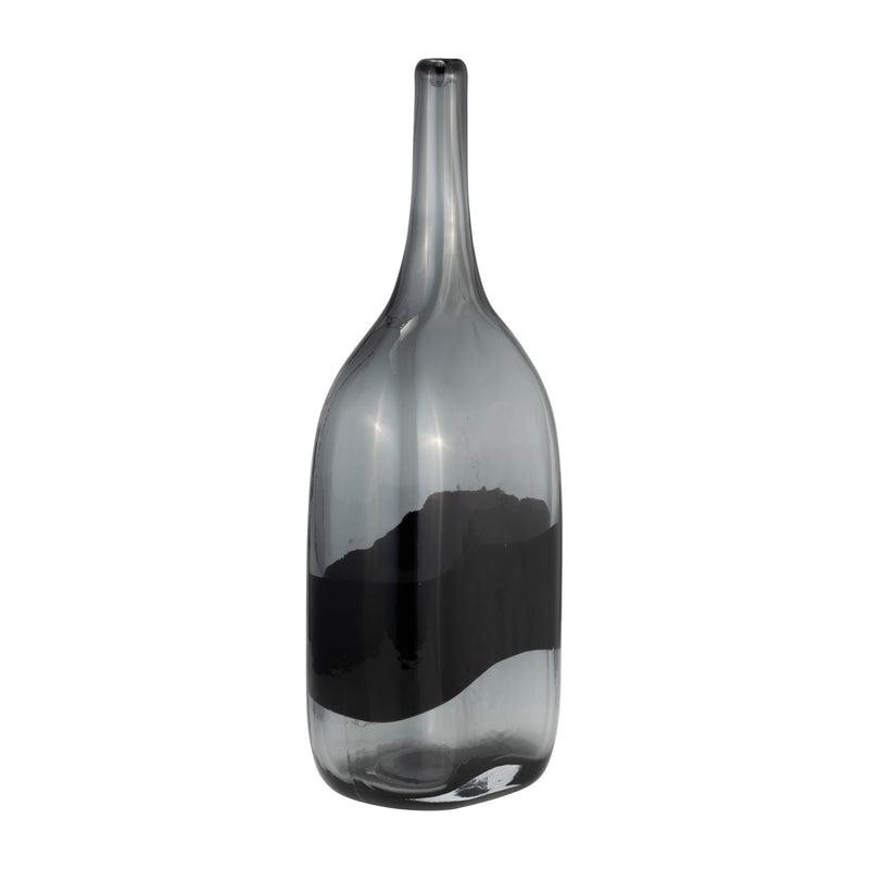 GLASS, 15"H LONG NECK 2 - TONE VASE, SMOKE/BLACK - Al Rugaib Furniture