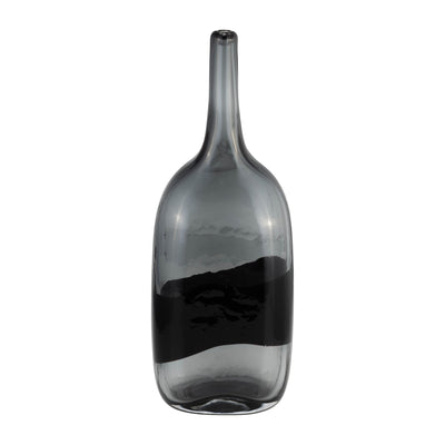 GLASS, 15"H LONG NECK 2 - TONE VASE, SMOKE/BLACK - Al Rugaib Furniture