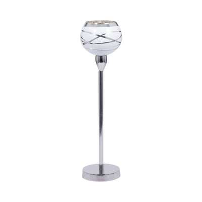 GLASS, 17" VOTIVE HOLDER W/ STAND, WHITE/SILVER - Al Rugaib Furniture