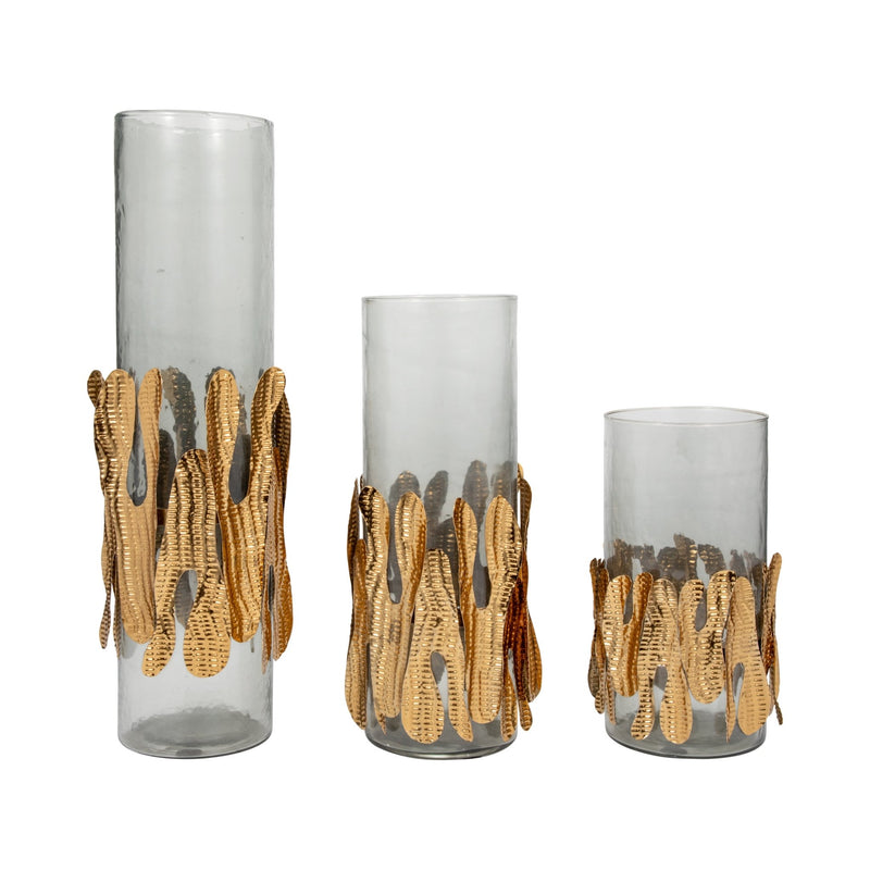 GLASS, 20"H CANDLE HOLDER W/ METAL DETAIL, GRAY/CH - Al Rugaib Furniture