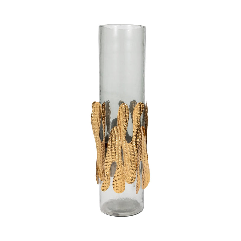 GLASS, 20"H CANDLE HOLDER W/ METAL DETAIL, GRAY/CH - Al Rugaib Furniture