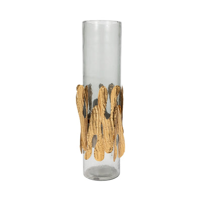 GLASS, 20"H CANDLE HOLDER W/ METAL DETAIL, GRAY/CH - Al Rugaib Furniture