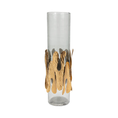 GLASS, 20"H CANDLE HOLDER W/ METAL DETAIL, GRAY/CH - Al Rugaib Furniture