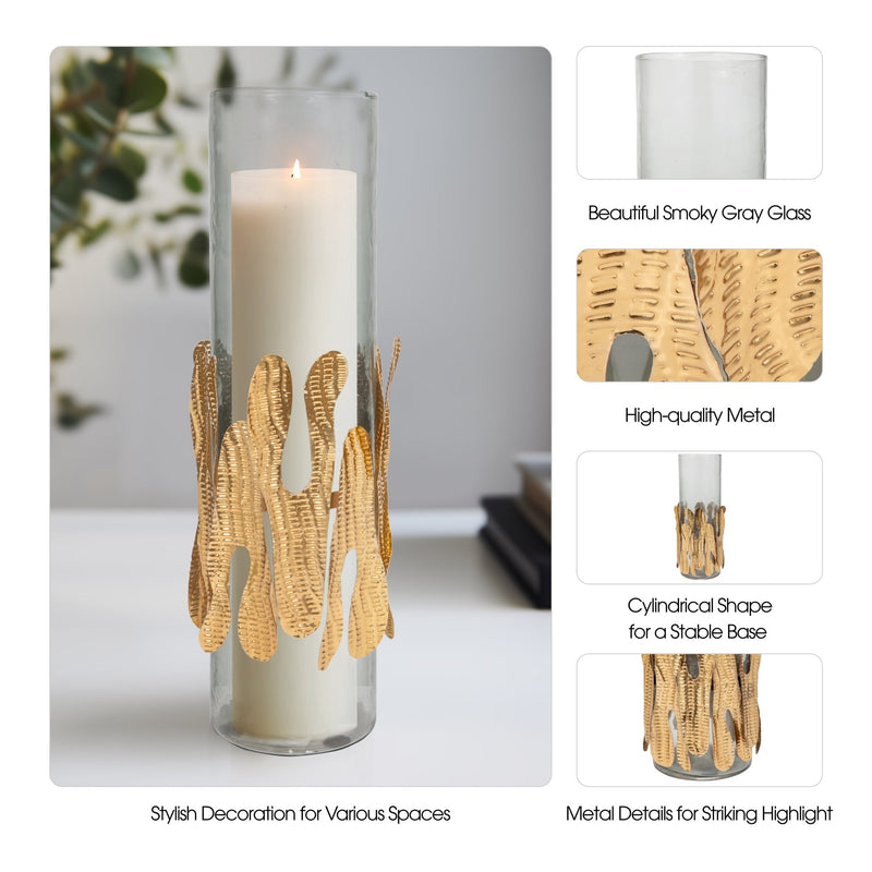 GLASS, 20"H CANDLE HOLDER W/ METAL DETAIL, GRAY/CH - Al Rugaib Furniture