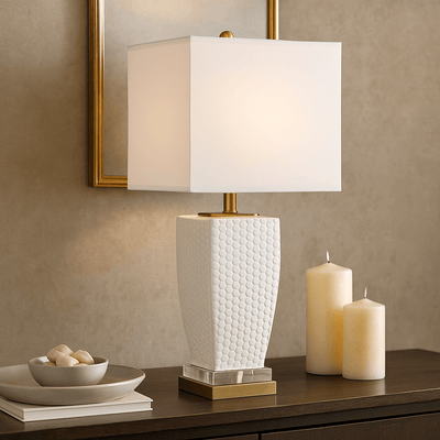 GLASS 29" HONEYCOMB TEXTURE TABLE LAMP, WHITE - Al Rugaib Furniture