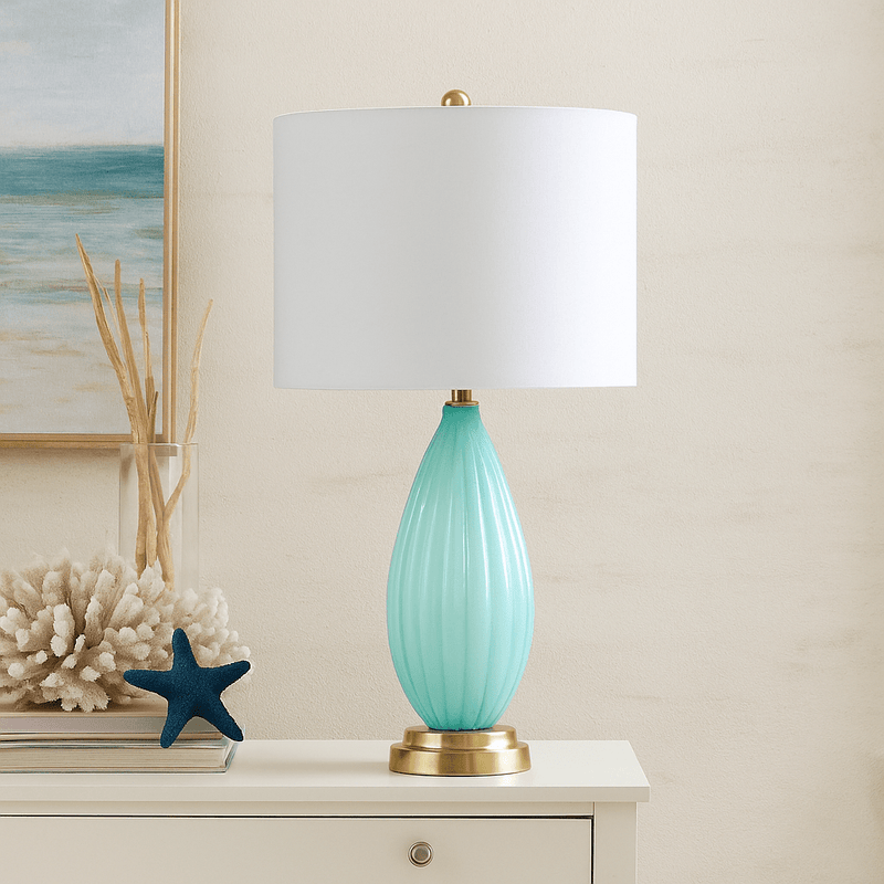 GLASS 31" GROOVED TABLE LAMP, TURQUOISE - Al Rugaib Furniture