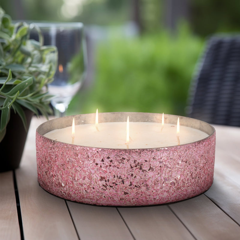Glass, 8" 49 Oz Crackled Bowl Scented Candle, Pink - Al Rugaib Furniture