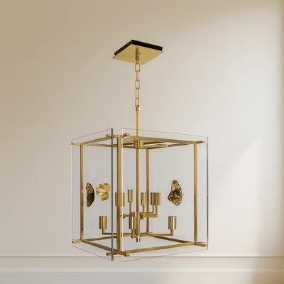 GLASS BLOCK 4 LIGHT CHANDELIER WITH METAL GOLD FLO - Al Rugaib Furniture