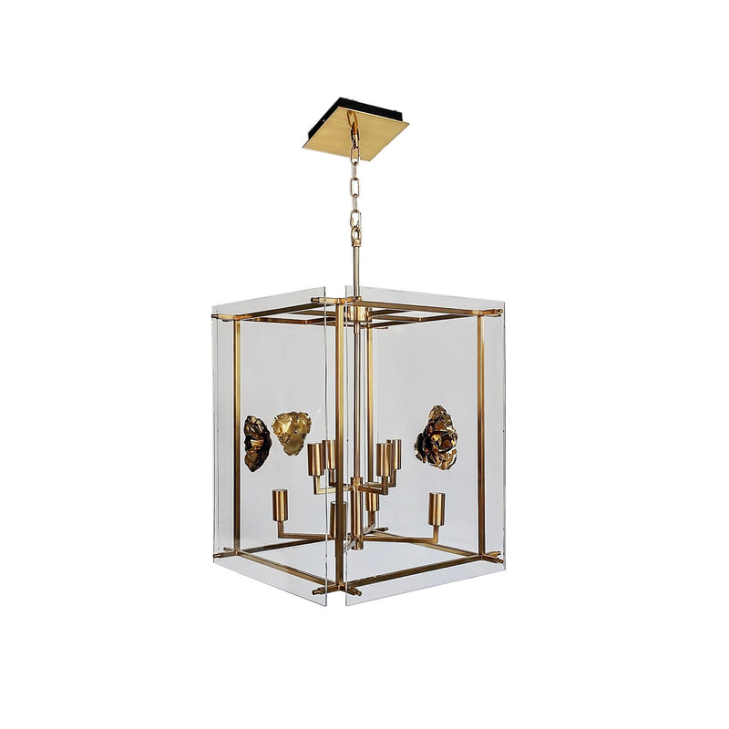 GLASS BLOCK 4 LIGHT CHANDELIER WITH METAL GOLD FLO - Al Rugaib Furniture