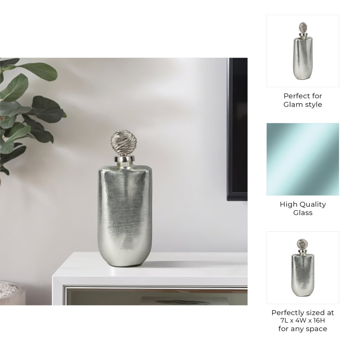 GLASS, METALLIC BOTTLE ORB TOPPER, SILVER Vases and Jars| Sagebrook Home