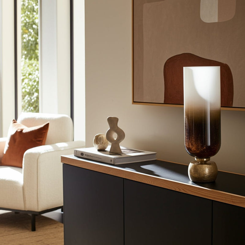 GLASS, OMBRE CANDLEHOLDER ON BASE, IVORY/GOLD - Al Rugaib Furniture