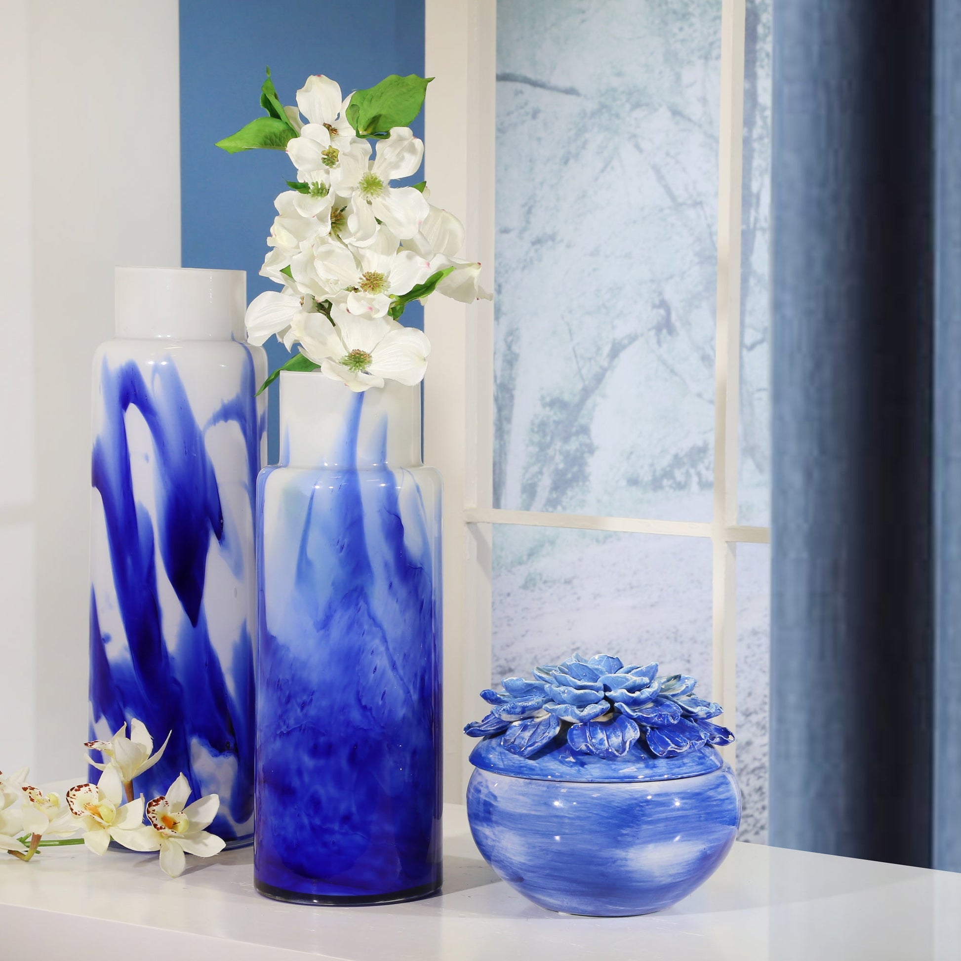 GLASS VASE 13", WHITE / BLUE Vases and Jars| Sagebrook Home