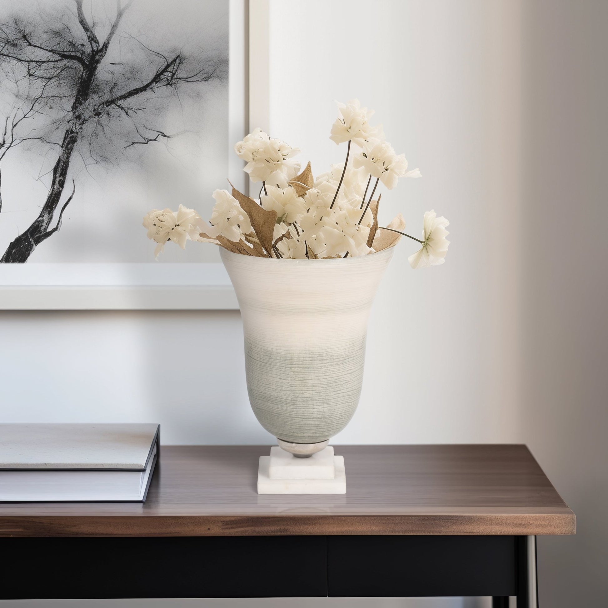 GLASS, VASE ON MARBLE BASE, SAGE/IVORY KD Vases and Jars| Sagebrook Home