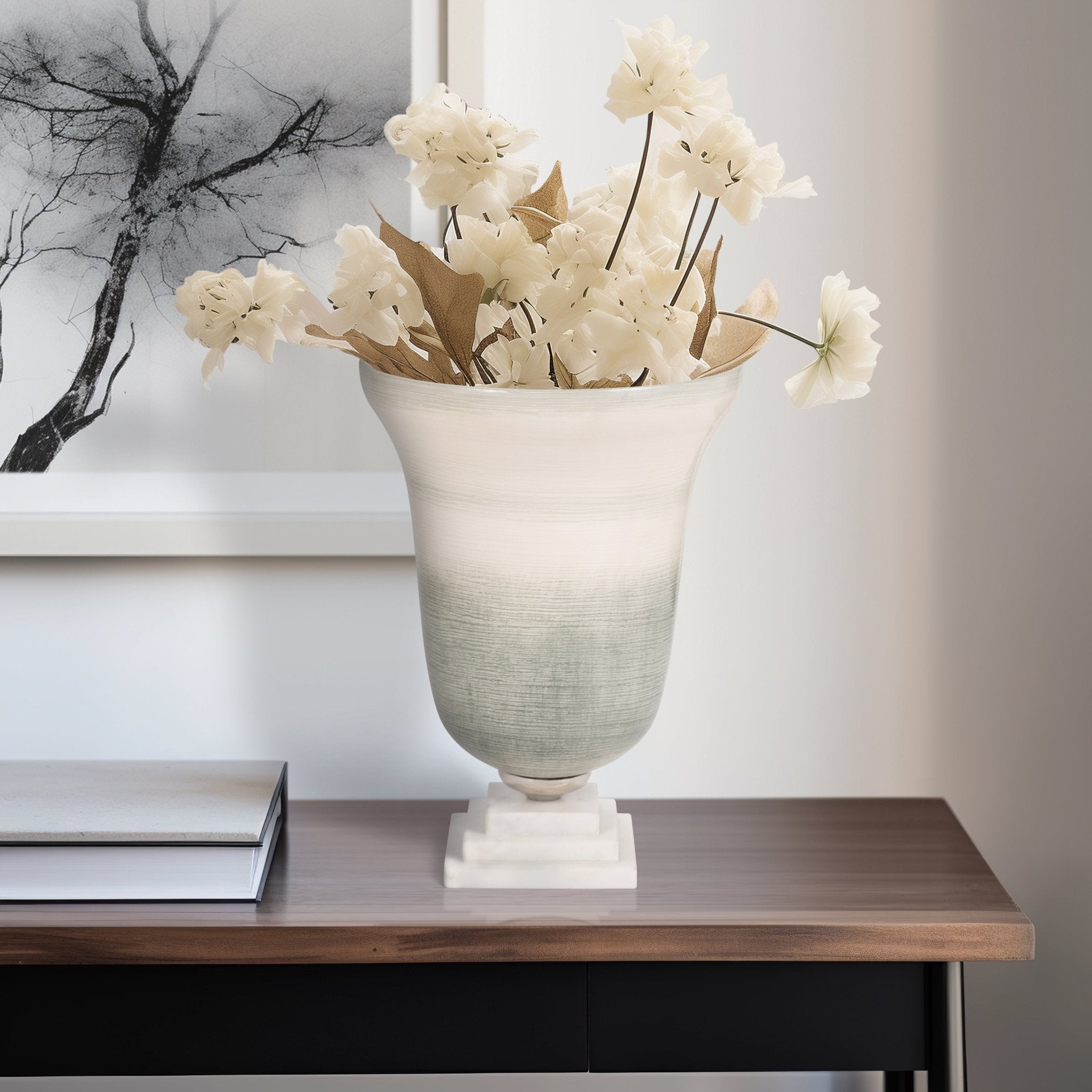 GLASS, VASE ON MARBLE BASE, SAGE/IVORY KD Vases and Jars| Sagebrook Home