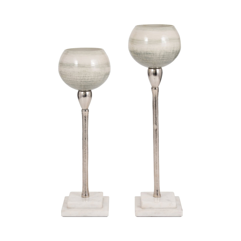 GLASS, VOTIVE HOLDER W MARBLE STAND, SAGE/SILV - Al Rugaib Furniture