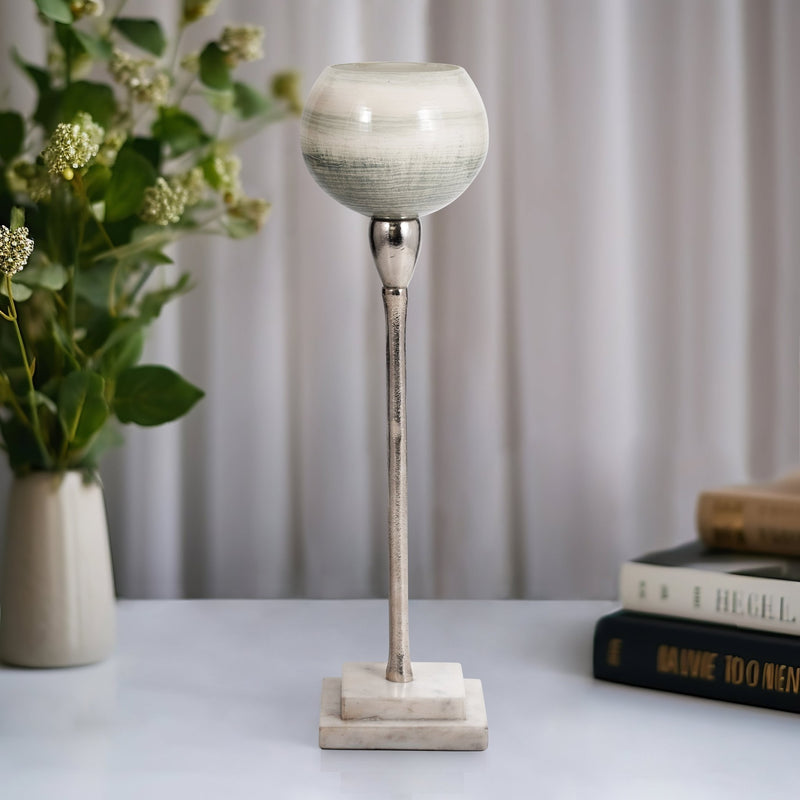GLASS, VOTIVE HOLDER W MARBLE STAND, SAGE/SILV - Al Rugaib Furniture