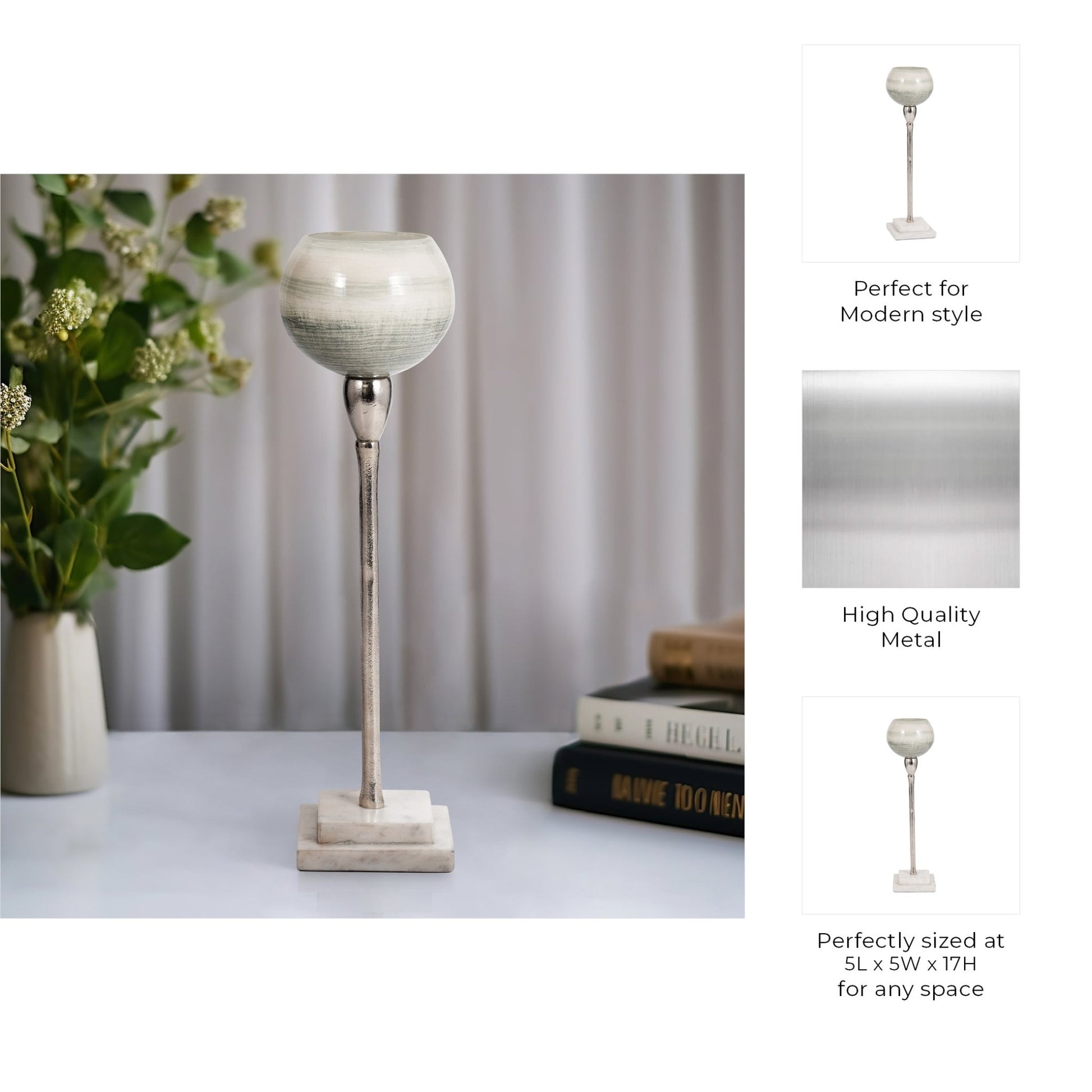 GLASS, VOTIVE HOLDER W MARBLE STAND, SAGE/SILV Candle Holders| Sagebrook Home
