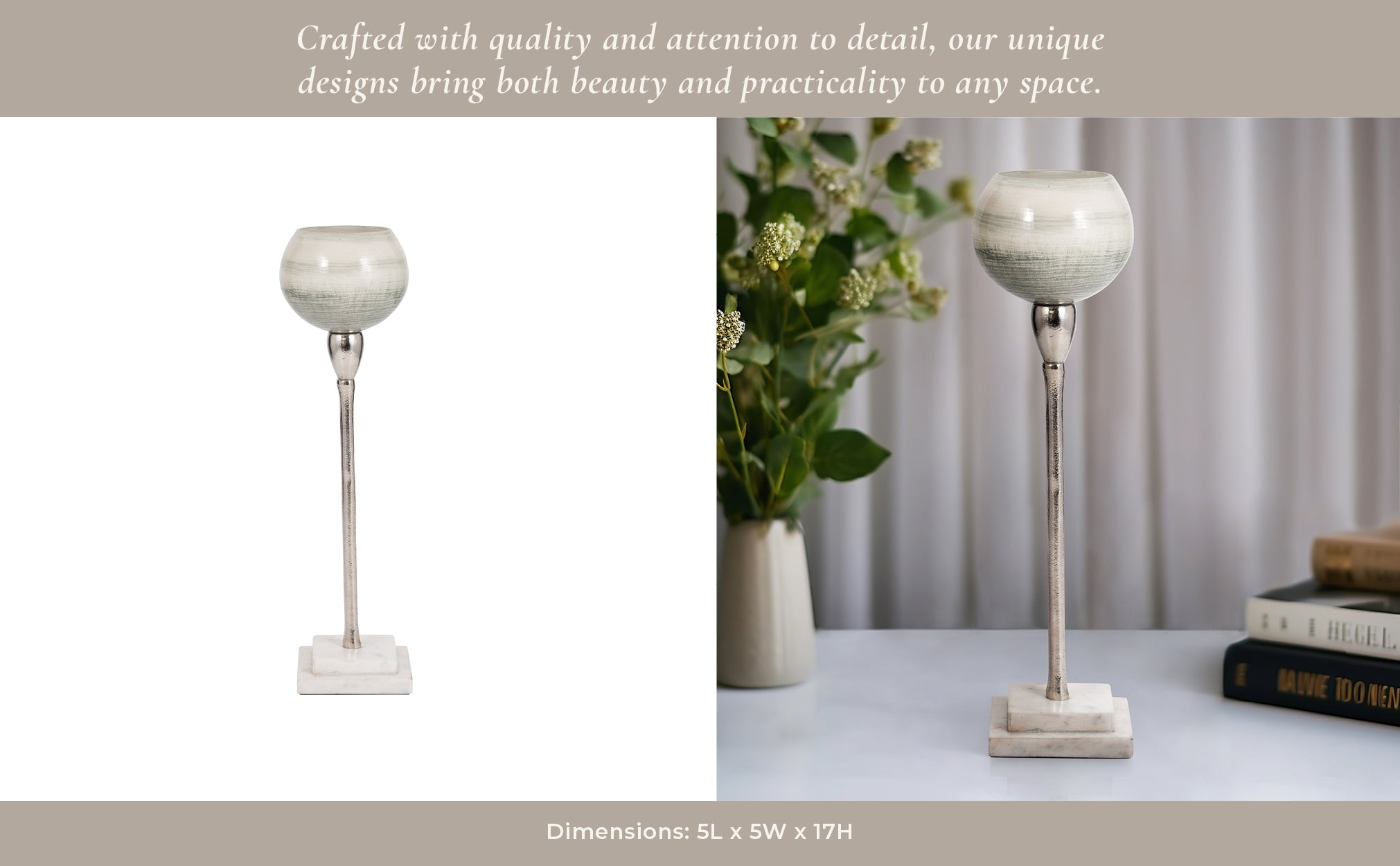 GLASS, VOTIVE HOLDER W MARBLE STAND, SAGE/SILV Candle Holders| Sagebrook Home