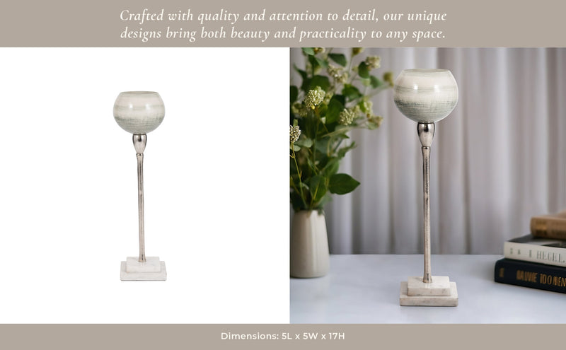GLASS, VOTIVE HOLDER W MARBLE STAND, SAGE/SILV - Al Rugaib Furniture
