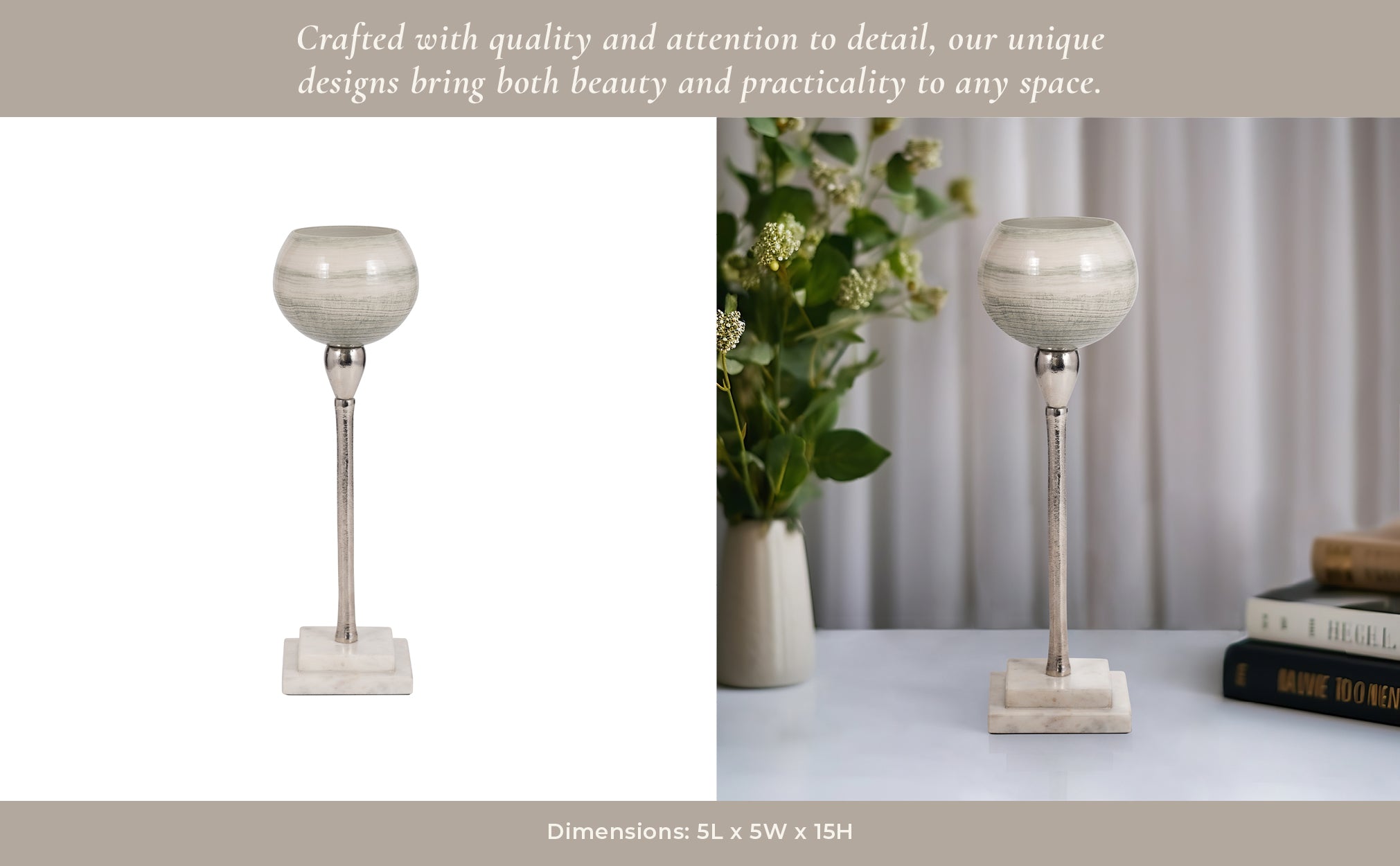 GLASS, VOTIVE HOLDER W MARBLE STAND, SAGE/SILV Candle Holders| Sagebrook Home
