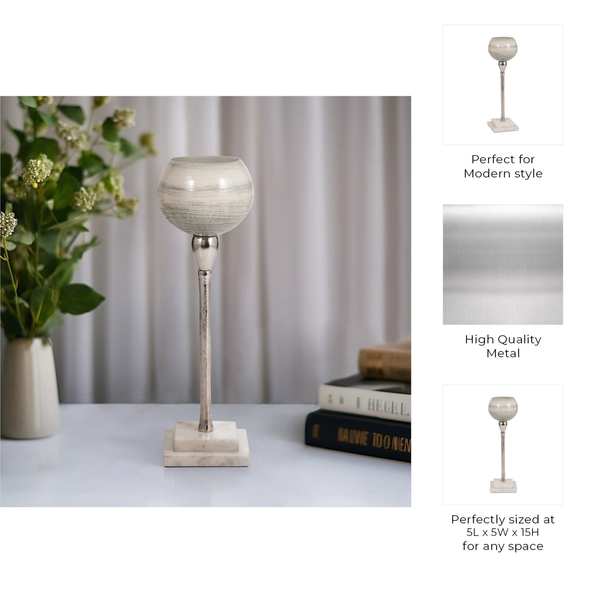 GLASS, VOTIVE HOLDER W MARBLE STAND, SAGE/SILV Candle Holders| Sagebrook Home