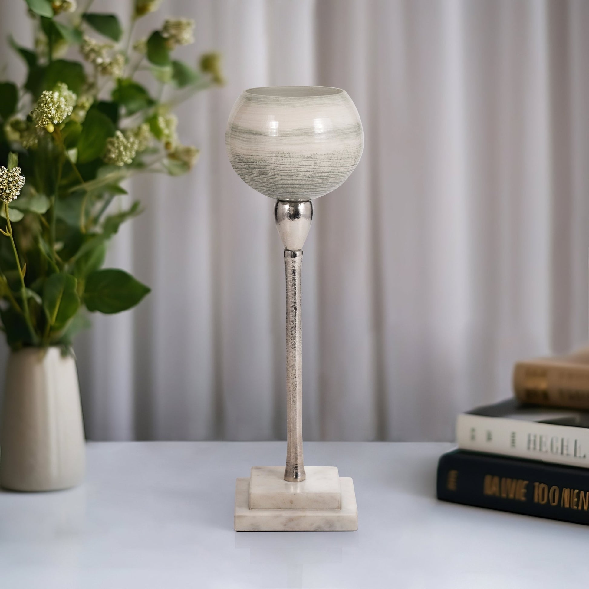 GLASS, VOTIVE HOLDER W MARBLE STAND, SAGE/SILV Candle Holders| Sagebrook Home