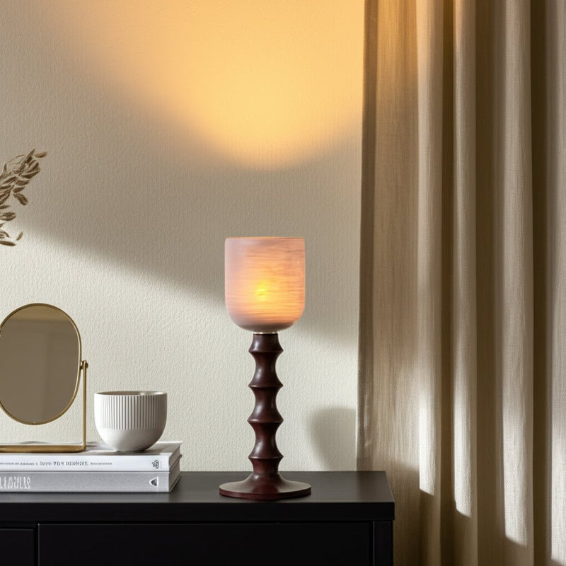 GLASS, WOODEN BASE HURRICAN, BLUSH - Al Rugaib Furniture