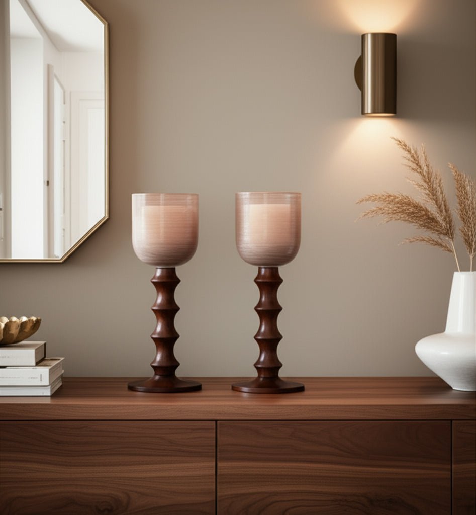 GLASS, 20" WOODEN BASE HURRICAN, BLUSH Candle Holders| Sagebrook Home