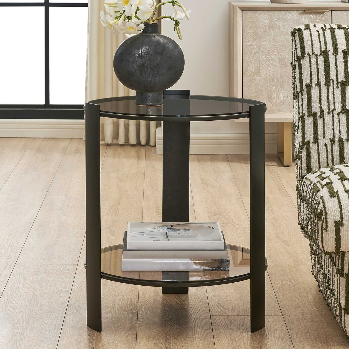 Hanson Bronze & Dark Glass Side Table Accent & End Tables| Uttermost