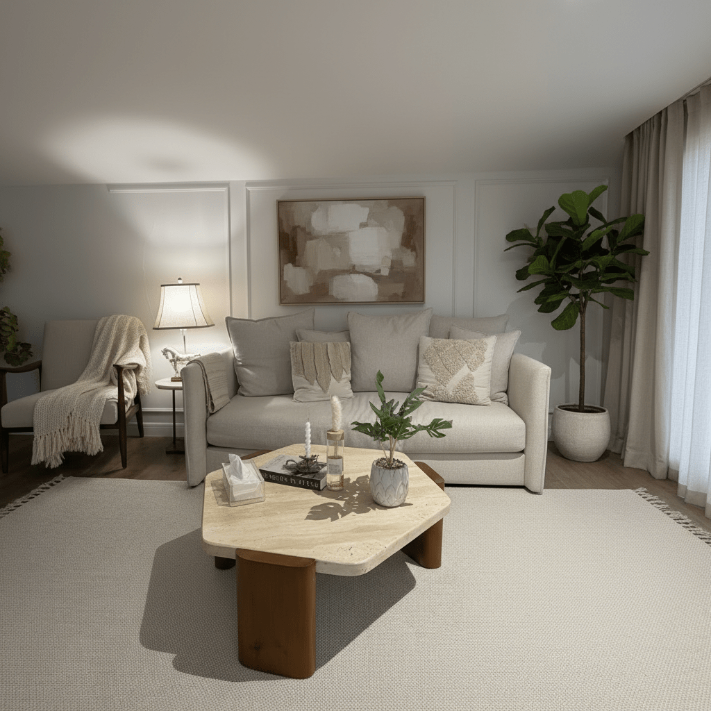 Harmony Treventino and Wood Center Table - 95x85x34 cm - Off-White By Alhome - 110110167 Coffee Tables| Alhome