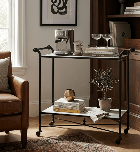 Henzler 106 W x 95 H x 45 D Black Bar Cart Table with Marble Top Serving Carts| Uttermost