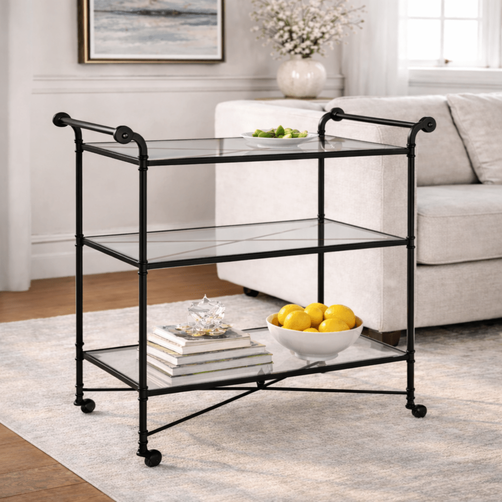 Henzler 106 W x 95 H x 45 D Black Bar Cart with Mirror Top Serving Carts| Uttermost