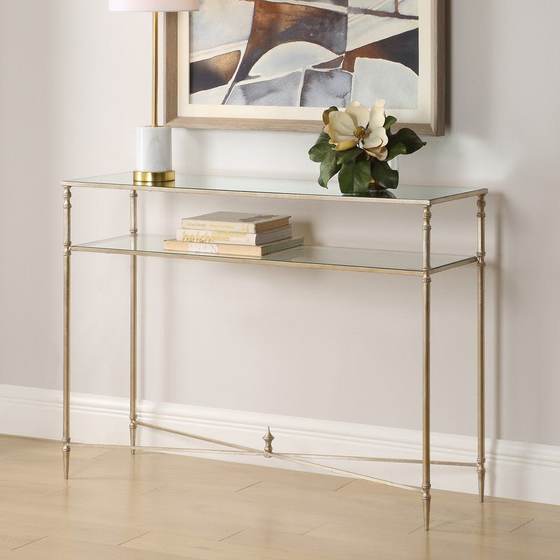 Henzler 114 W x 83 H x 35 D Champagne Rectangle Console Table with Mirror Top Consoles & Sideboards| Uttermost