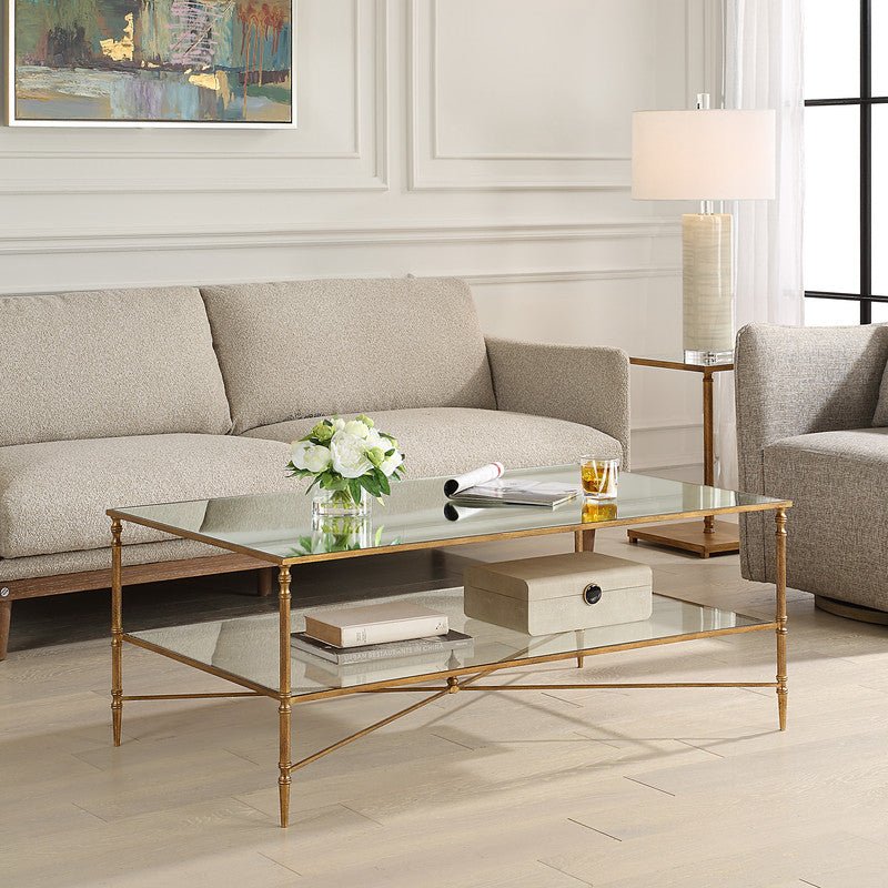 Henzler 121 W x 48 H x 71 D Gold Rectangle Coffee Table with Mirror Top Coffee Tables| Uttermost