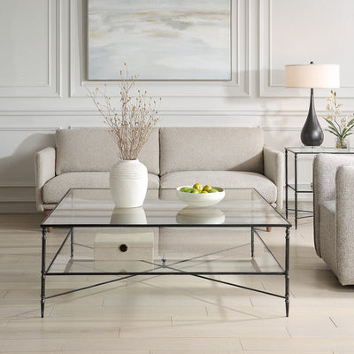 Henzler 126 W x 47 H x 126 D Black Square Coffee Table with Glass Top - Al Rugaib Furniture