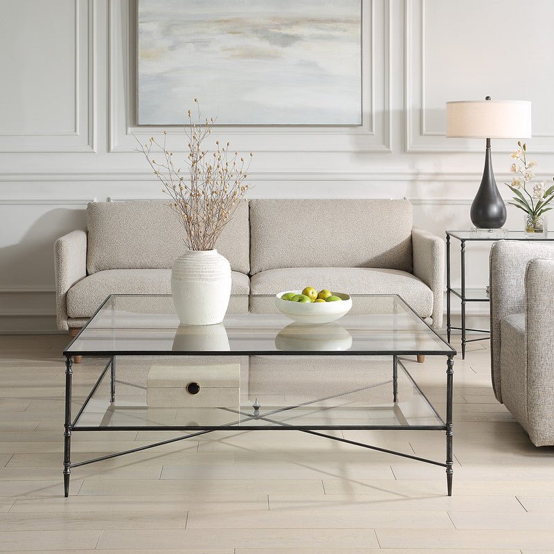 Henzler 126 W x 47 H x 126 D Black Square Coffee Table with Glass Top - Al Rugaib Furniture