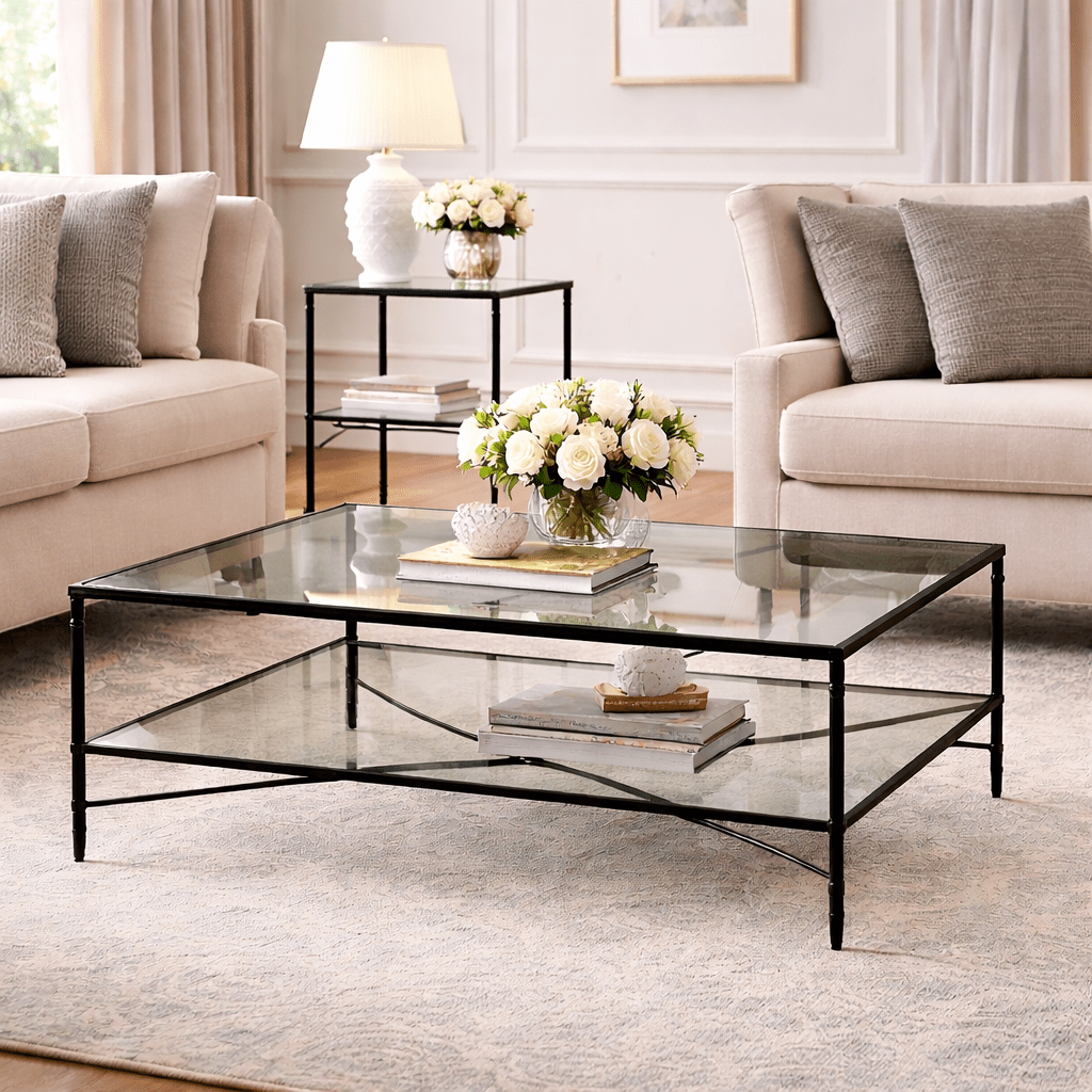 Henzler 126 W x 47 H x 126 D Black Square Coffee Table with Glass Top Coffee Tables| Uttermost