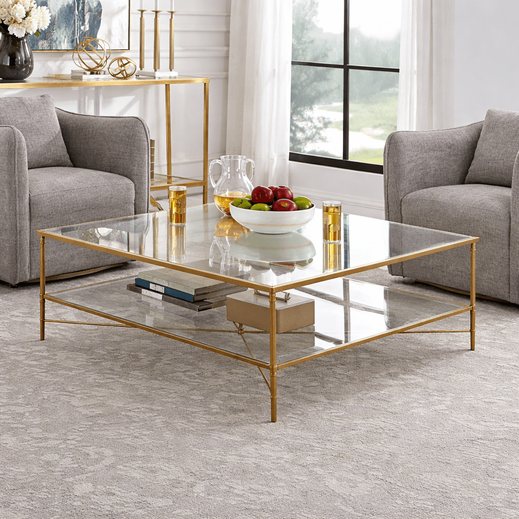 Henzler 126 W x 47 H x 126 D Champagne Square Coffee Table with Mirror Top Coffee Tables| Uttermost