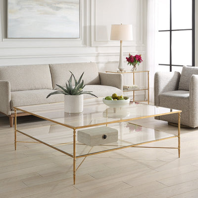 Henzler 126 W x 47 H x 126 D Gold Square Coffee Table with Glass Top - Al Rugaib Furniture