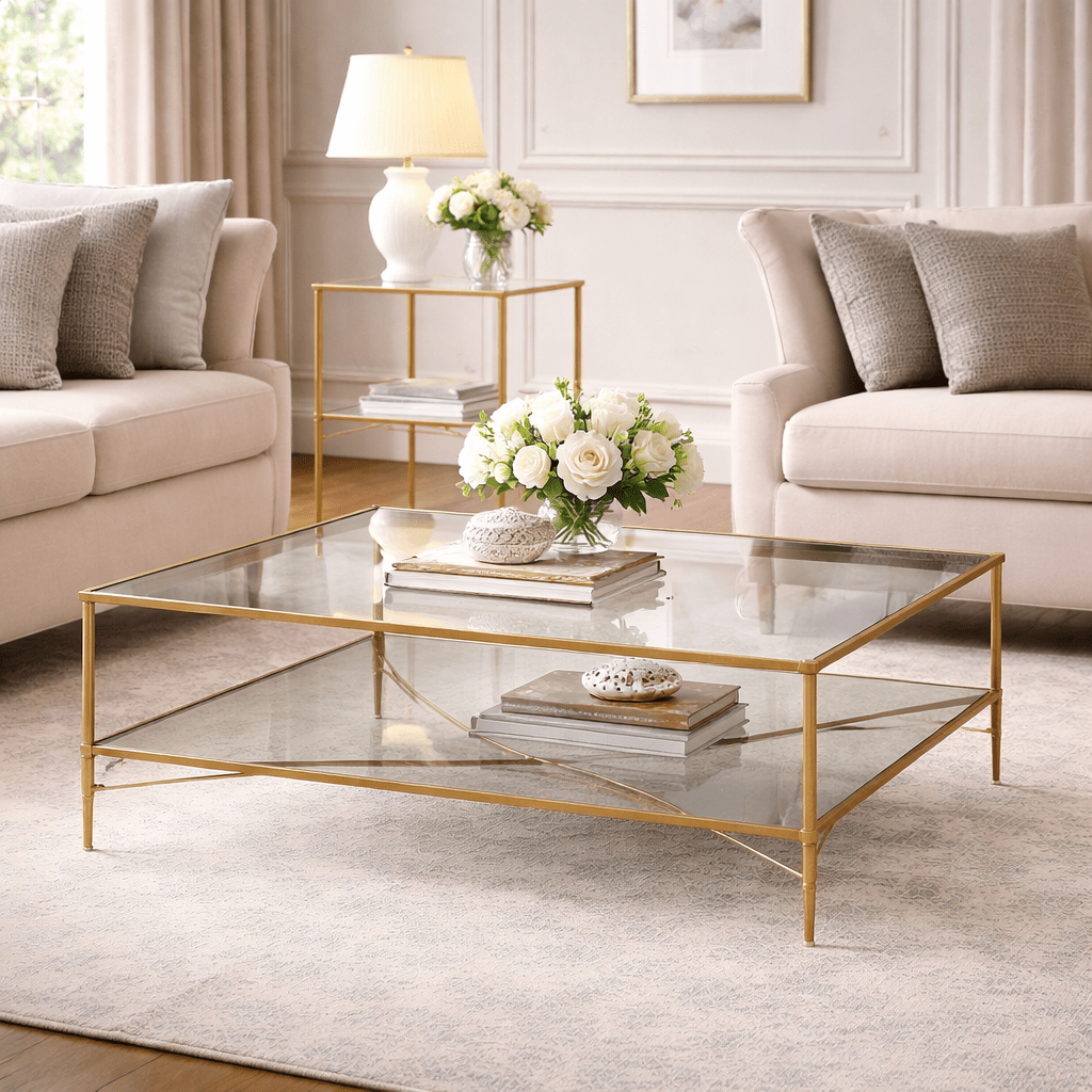 Henzler 126 W x 47 H x 126 D Gold Square Coffee Table with Mirror Top Coffee Tables| Uttermost