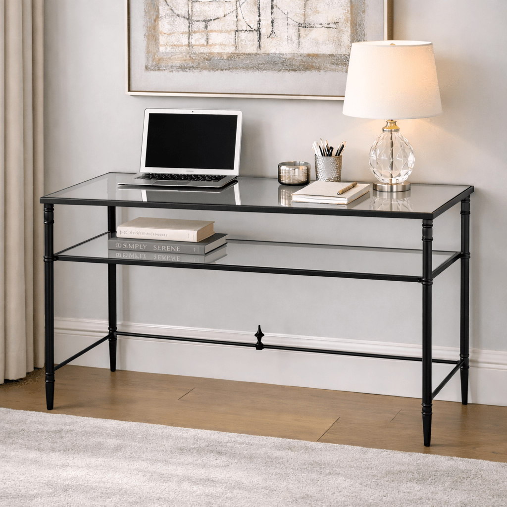 Henzler 132 W x 76 H x 71 D Black Rectangle Desk with Mirror Top Desk| Uttermost