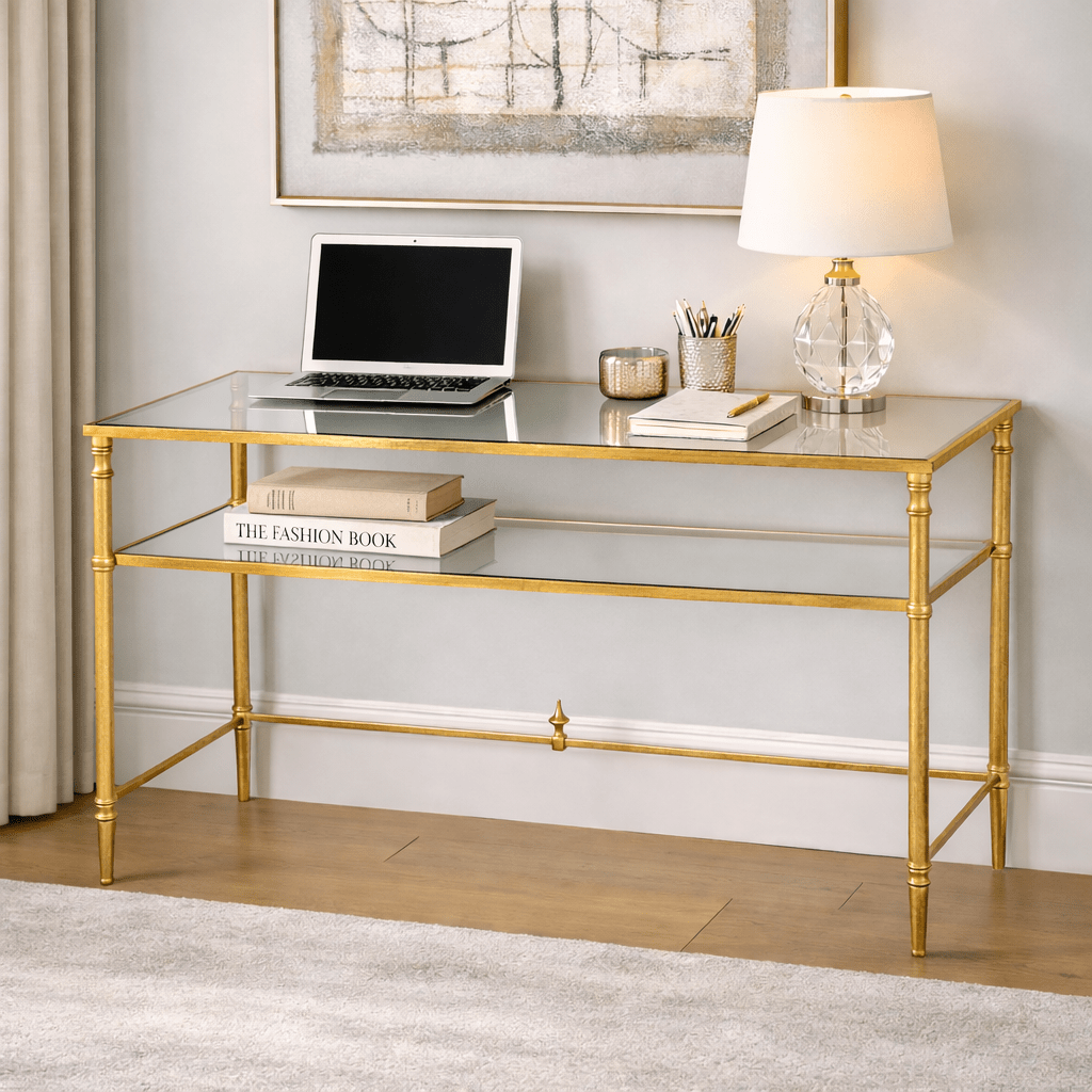 Henzler 132 W x 76 H x 71 D Gold Rectangle Desk with Mirror Top Desk| Uttermost