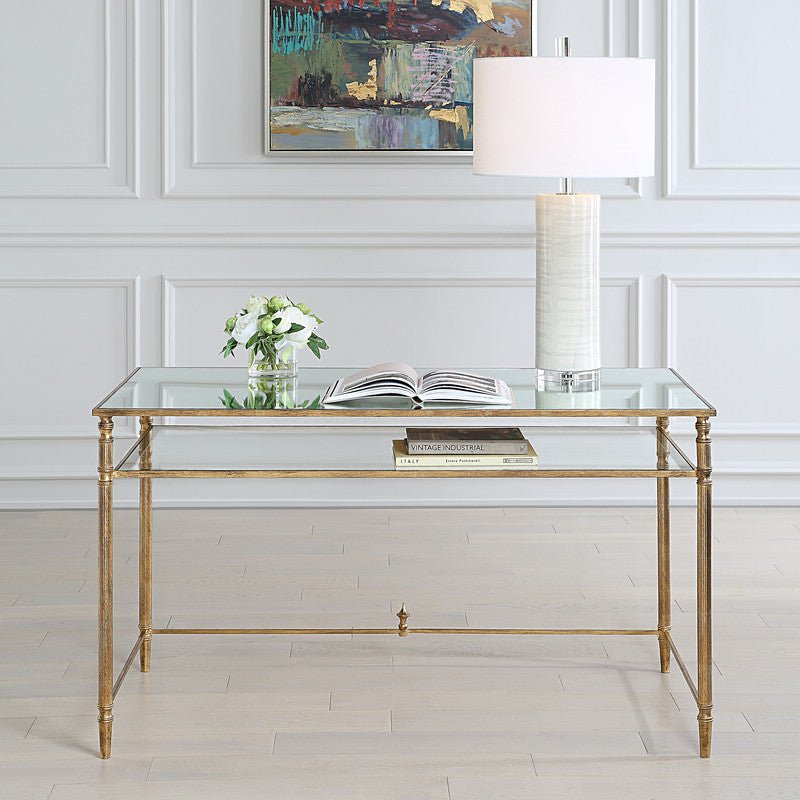 Henzler 132 W x 76 H x 71 D Rectangle Desk with Mirror Top - Al Rugaib Furniture