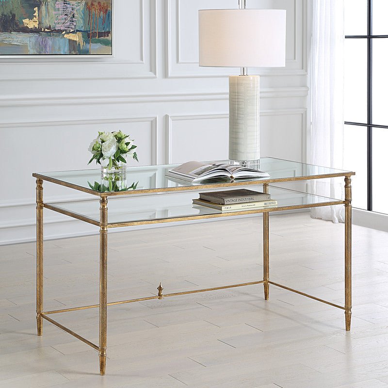 Henzler 132 W x 76 H x 71 D Rectangle Desk with Mirror Top - Al Rugaib Furniture