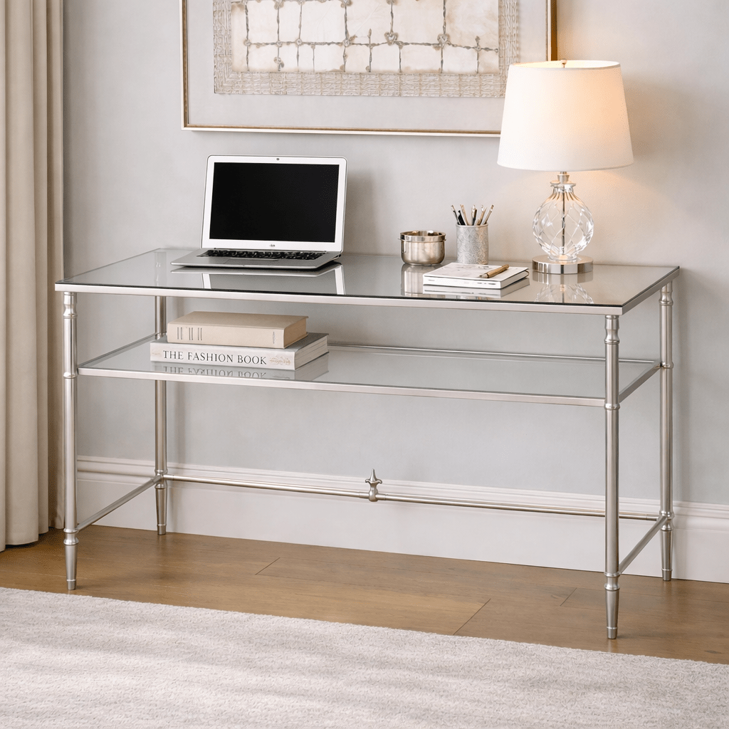 Henzler 132 W x 76 H x 71 D Silver Rectangle Desk with Mirror Top Desk| Uttermost